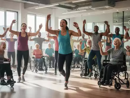 Eine vielfältige Gruppe von Menschen tanzt und bewegt sich fröhlich in einem hellen Aerobic-Kurs, einige sitzend, andere stehend. - Foto: über boerse-global.de