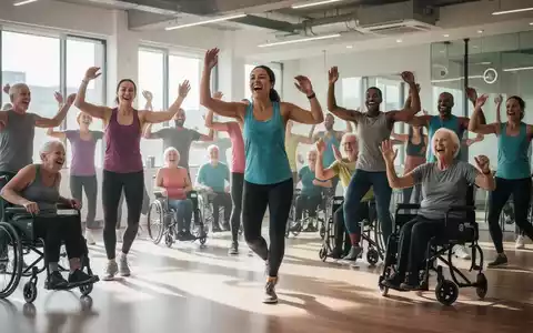 Eine vielfältige Gruppe von Menschen tanzt und bewegt sich fröhlich in einem hellen Aerobic-Kurs, einige sitzend, andere stehend. - Foto: über boerse-global.de