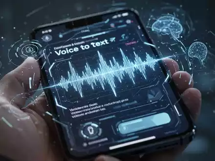 A close-up of a smartphone screen showing a voice dictation interface with sound waves and glowing text, held by a hand. - Foto: über boerse-global.de
