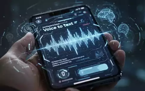 A close-up of a smartphone screen showing a voice dictation interface with sound waves and glowing text, held by a hand. - Foto: über boerse-global.de