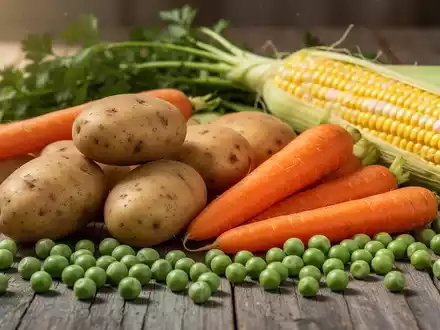 Ein Stillleben aus frischen, bunten Gemüsesorten wie Kartoffeln, Karotten, Erbsen und Maiskolben auf einem Holztisch. - Foto: über boerse-global.de