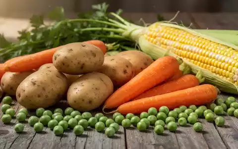 Ein Stillleben aus frischen, bunten GemĂŒsesorten wie Kartoffeln, Karotten, Erbsen und Maiskolben auf einem Holztisch. - Foto: ĂŒber boerse-global.de