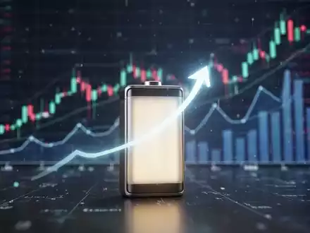 Nahaufnahme einer modernen Lithium-Ionen-Batteriezelle mit leuchtendem Kern vor unscharfen, aufsteigenden Börsenkursen und digitalen Datenströmen. - Foto: über boerse-global.de