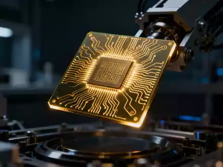 Nahaufnahme eines futuristischen Mikrochips mit komplexen goldenen Schaltkreisen in einer High-Tech-Laborumgebung, der Innovation symbolisiert. - Foto: über boerse-global.de