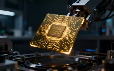 Nahaufnahme eines futuristischen Mikrochips mit komplexen goldenen Schaltkreisen in einer High-Tech-Laborumgebung, der Innovation symbolisiert. - Foto: über boerse-global.de