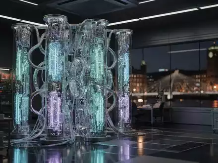 Ein futuristisches, leuchtendes Quantencomputersystem mit komplexen Schaltkreisen in einem High-Tech-Labor, mit verschwommener Andeutung von Dublin im Hintergrund. - Foto: über boerse-global.de