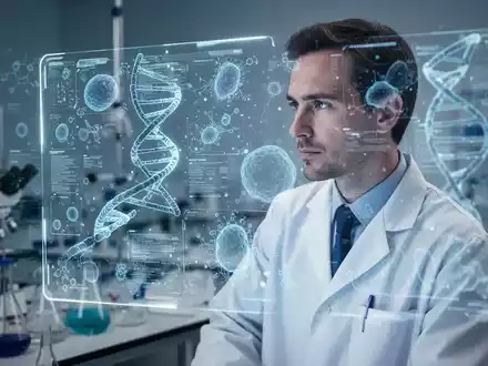 Wissenschaftler in einem Labor, der komplexe biologische Daten auf einem leuchtenden Bildschirm betrachtet, mit verschwommenem Laborhintergrund. - Foto: über boerse-global.de