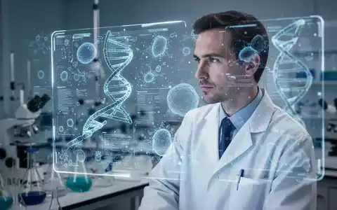 Wissenschaftler in einem Labor, der komplexe biologische Daten auf einem leuchtenden Bildschirm betrachtet, mit verschwommenem Laborhintergrund. - Foto: über boerse-global.de