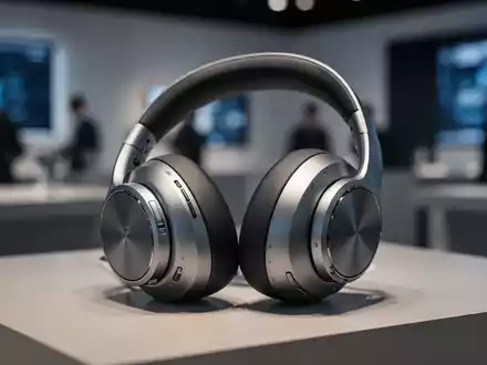 Sleek silver over-ear headphones, possibly AirPods Max 2, resting on a minimalist surface with soft, diffused lighting. - Foto: über boerse-global.de