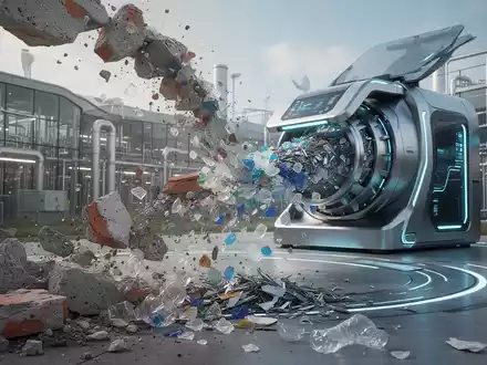 Verschiedene recycelte Materialien wie Bauschutt und Plastikflocken fließen in eine futuristische Verarbeitungsmaschine in einer Industrieanlage. - Foto: über boerse-global.de