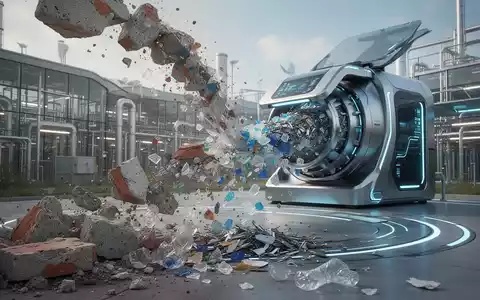 Verschiedene recycelte Materialien wie Bauschutt und Plastikflocken fließen in eine futuristische Verarbeitungsmaschine in einer Industrieanlage. - Foto: über boerse-global.de