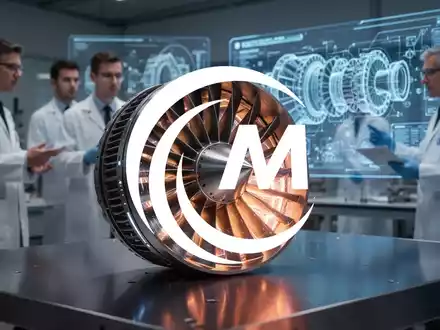 Futuristisches Triebwerk mit leuchtenden Turbinenschaufeln auf einer dunklen Oberfläche, im Hintergrund Ingenieure, die an holografischen Schemata arbeiten. - Foto: über boerse-global.de