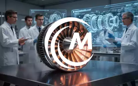 Futuristisches Triebwerk mit leuchtenden Turbinenschaufeln auf einer dunklen Oberfläche, im Hintergrund Ingenieure, die an holografischen Schemata arbeiten. - Foto: über boerse-global.de