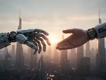 A human hand and a robotic hand reaching towards each other against a backdrop of a futuristic city skyline at dawn. - Foto: über boerse-global.de