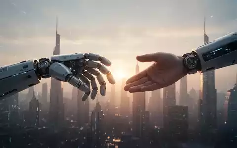 A human hand and a robotic hand reaching towards each other against a backdrop of a futuristic city skyline at dawn. - Foto: über boerse-global.de