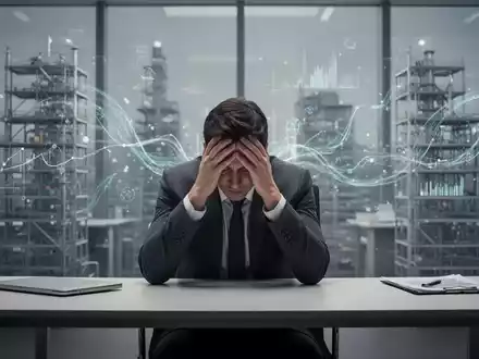 Eine Person sitzt mit dem Kopf in den Händen an einem Schreibtisch, umgeben von verschwommenen Büroumgebungen und Datenflüssen. - Foto: über boerse-global.de