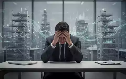 Eine Person sitzt mit dem Kopf in den Händen an einem Schreibtisch, umgeben von verschwommenen Büroumgebungen und Datenflüssen. - Foto: über boerse-global.de
