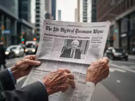 Ältere Hände halten eine physische Zeitung, mit einer unscharfen modernen Stadtstraße im Hintergrund. - Foto: über boerse-global.de