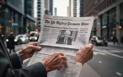 Ältere Hände halten eine physische Zeitung, mit einer unscharfen modernen Stadtstraße im Hintergrund. - Foto: über boerse-global.de