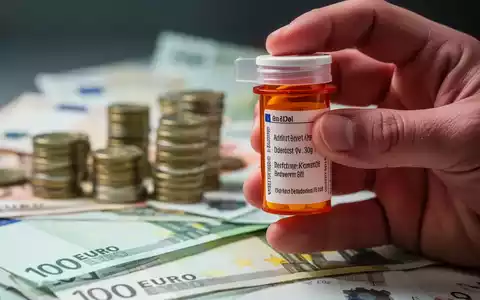 Eine Hand hält eine Medikamentenflasche, im unscharfen Hintergrund sind Münzstapel und Euro-Banknoten zu sehen. - Foto: über boerse-global.de