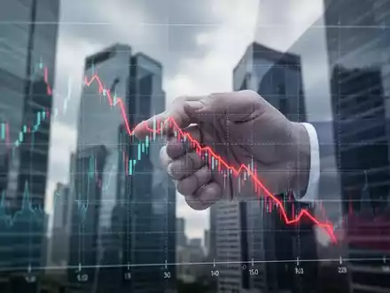 Ein digitaler Aktienchart zeigt einen starken Abwärtstrend, dahinter verschwommene Hochhäuser eines Finanzviertels. - Foto: über boerse-global.de