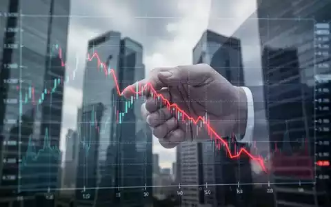 Ein digitaler Aktienchart zeigt einen starken Abwärtstrend, dahinter verschwommene Hochhäuser eines Finanzviertels. - Foto: über boerse-global.de