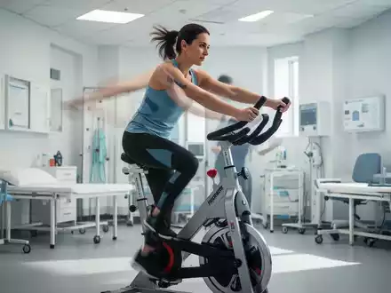 Eine Person in Sportkleidung, die leichte Übungen macht, möglicherweise auf einem Ergometer, in einer modernen medizinischen Umgebung. - Foto: über boerse-global.de