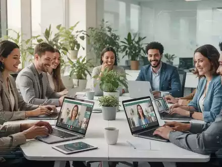 Professionals nehmen an einem Online-Workshop zur betrieblichen Gesundheitsförderung teil, mit Laptops und Tablets in einem modernen Büro. - Foto: über boerse-global.de