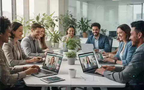 Professionals nehmen an einem Online-Workshop zur betrieblichen Gesundheitsförderung teil, mit Laptops und Tablets in einem modernen Büro. - Foto: über boerse-global.de