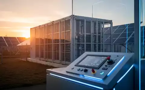 Moderne Batteriespeicheranlage bei Sonnenuntergang mit Solarpanels im Hintergrund und einer Kontrolltafel im Vordergrund. - Foto: über boerse-global.de