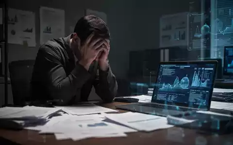 Eine Person sitzt am Schreibtisch, den Kopf in den Händen, umgeben von Dokumenten und einem Laptop, was Stress und psychische Belastung symbolisiert. - Foto: über boerse-global.de