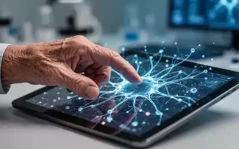 Eine ältere Hand berührt ein Tablet, das neuronale Netzwerke zeigt. Fokus auf Weisheit und Präzision im Alter. - Foto: über boerse-global.de