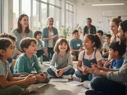 Eine Gruppe von Kindern und Erwachsenen nimmt an einem Resilienztraining teil, mit Fokus auf Achtsamkeit und Kommunikation. - Foto: über boerse-global.de