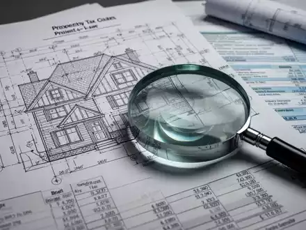 Nahaufnahme eines Hausbauplans, Finanzdokumente und eine Lupe, die Immobilienmängel und Steueranalyse symbolisieren. - Foto: über boerse-global.de