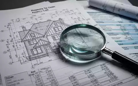 Nahaufnahme eines Hausbauplans, Finanzdokumente und eine Lupe, die Immobilienmängel und Steueranalyse symbolisieren. - Foto: über boerse-global.de