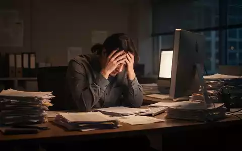 Eine erschöpfte Person sitzt mit dem Kopf in den Händen an einem Schreibtisch in einem schwach beleuchteten Büro. - Foto: über boerse-global.de