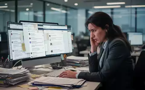 Eine gestresste Person am Schreibtisch, umgeben von Dokumenten und einem Computerbildschirm mit vielen offenen Fenstern, symbolisiert Zeitfresser im Büroalltag. - Foto: über boerse-global.de