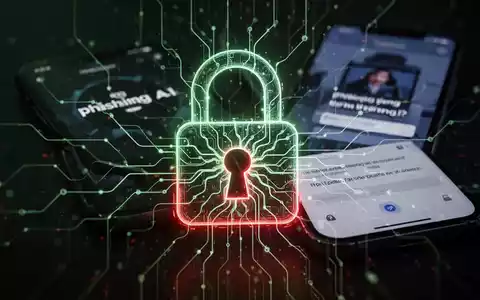 A digital lock icon with AI neural network lines over a blurred smartphone showing a phishing attempt, symbolizing AI-powered cyber threats. - Foto: über boerse-global.de