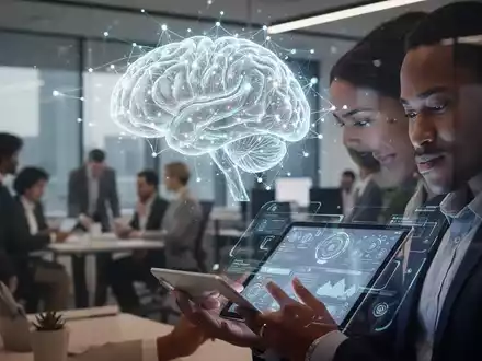 An AI-powered neural network visualized as glowing lines and nodes, subtly integrated into a modern, professional office setting. - Foto: über boerse-global.de