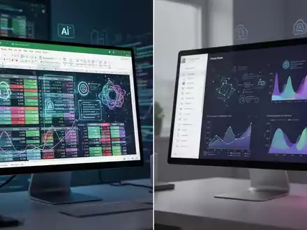 A split screen showing Microsoft Excel and Google Sheets interfaces with data analysis and AI integration. - Foto: über boerse-global.de