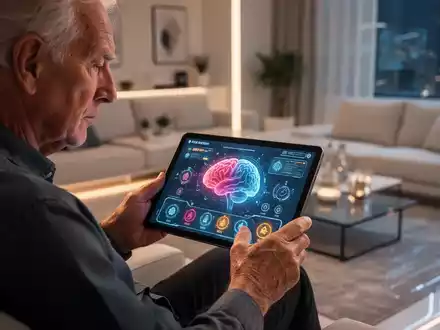 Eine ältere Person konzentriert sich auf ein Tablet, das Gehirntrainingsübungen anzeigt, in einem modernen Wohnzimmer. - Foto: über boerse-global.de