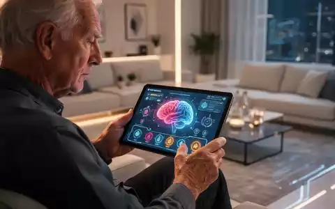 Eine ältere Person konzentriert sich auf ein Tablet, das Gehirntrainingsübungen anzeigt, in einem modernen Wohnzimmer. - Foto: über boerse-global.de