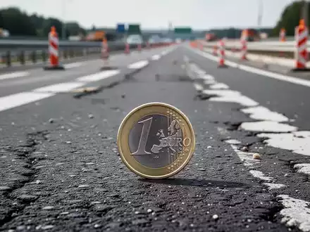 Eine Euro-Münze liegt auf Asphalt, im Hintergrund eine deutsche Autobahnbaustelle mit Absperrungen und Bauarbeiten. - Foto: über boerse-global.de