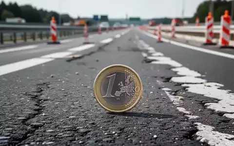 Eine Euro-Münze liegt auf Asphalt, im Hintergrund eine deutsche Autobahnbaustelle mit Absperrungen und Bauarbeiten. - Foto: über boerse-global.de
