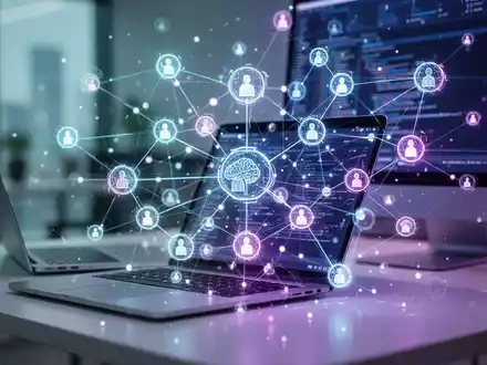 Ein Netzwerk aus leuchtenden, miteinander verbundenen Knoten, die KI-Agenten darstellen, auf einem unscharfen Hintergrund eines modernen Arbeitsplatzes mit Laptop und Desktop-Computer. - Foto: über boerse-global.de