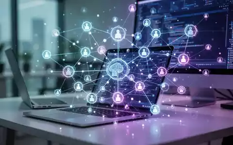 Ein Netzwerk aus leuchtenden, miteinander verbundenen Knoten, die KI-Agenten darstellen, auf einem unscharfen Hintergrund eines modernen Arbeitsplatzes mit Laptop und Desktop-Computer. - Foto: über boerse-global.de