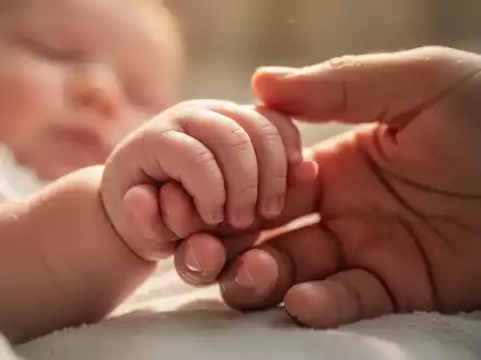 Eine Nahaufnahme einer Babyhand, die sanft einen Erwachsenenfinger hält, symbolisiert Bindung und Zärtlichkeit. - Foto: über boerse-global.de