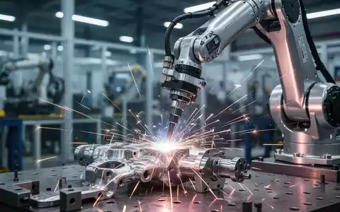 Ein Roboterarm schweißt ein Bauteil in einer modernen Fabrik. Funken fliegen, die Szene ist hochtechnologisch und präzise. - Foto: über boerse-global.de