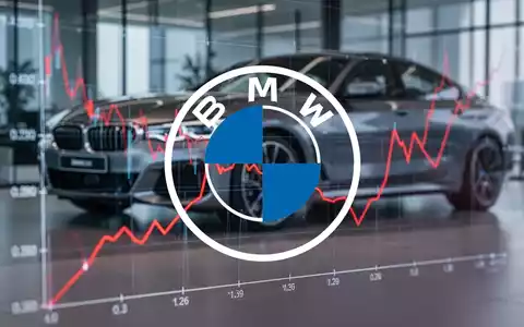 Eine rote Linie auf einem digitalen Börsenchart, die einen Jahrestiefststand erreicht, mit einem verschwommenen BMW im Hintergrund. - Foto: über boerse-global.de