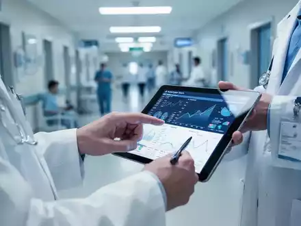 Ein Arzt in einem modernen Krankenhaus, der Finanzdaten auf einem Tablet überprüft und so Umsatz und Gesundheitswesen symbolisiert. - Foto: über boerse-global.de